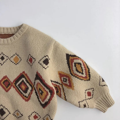 Pull enfant à carreaux colorés automne-hiver – Pull rétro pour garçon et manteau épais en tricot pour fille