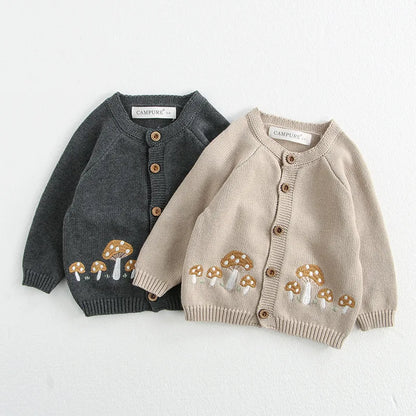 Pull d'automne pour bébé de 0 à 3 ans, cardigan brodé de champignons, manteau tricoté pour garçon avec body en option