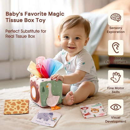 Montessori Baby Busy Board - Cotton Tissue Box & Rattle Toy