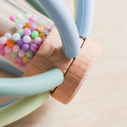 Hochet et tambour de pluie pour bébé - Jouet de dentition sensoriel en bois et silicone