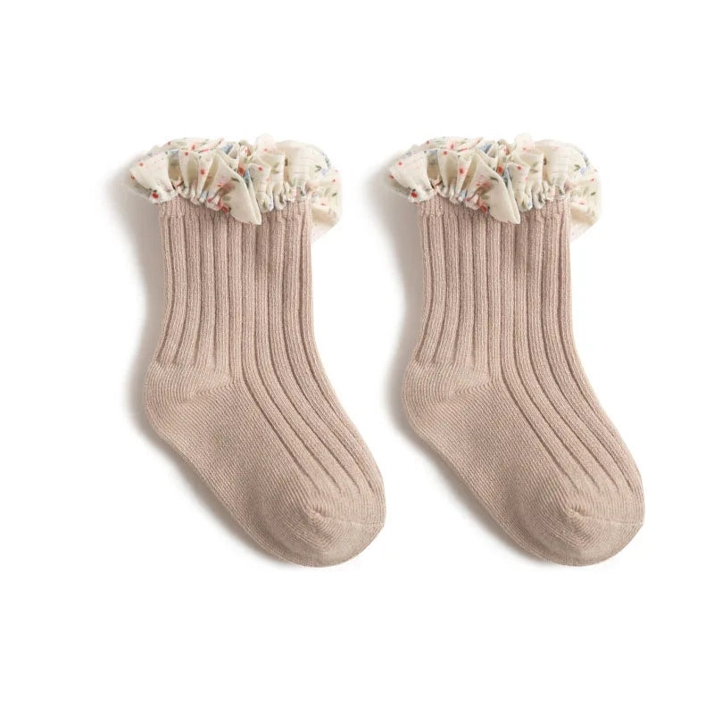 3er-Pack New Flare Babysocken für Mädchen – Chiffon-Socken mit Blumenmuster und Prinzessinnenspitze (0–5 Jahre)