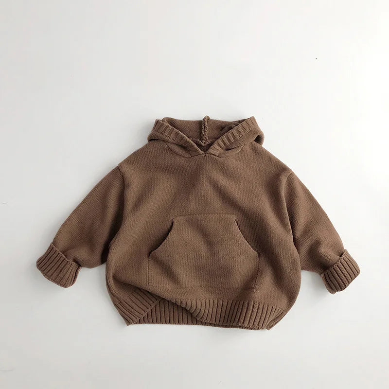 Front Pocket Fine Knit Children Boys Girl Sweaters Hoodie Knit Pullover Loose Style Girl Hooded Toddler Knitwear Coat