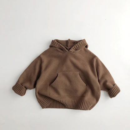 Pull à capuche en tricot fin avec poche avant pour enfants, garçons et filles, pull en tricot ample, manteau en tricot à capuche pour tout-petits