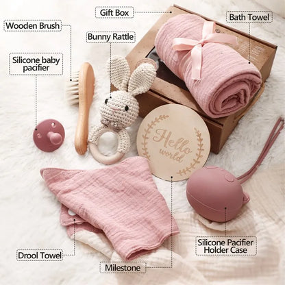 7PCS Baby Gift Set – Bath Toys, Towel, Blanket, Rattle & Milestone Accessories