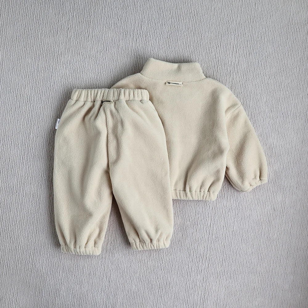 Ensemble de sport d'hiver pour bébé, couleur unie, polaire, sweat à capuche, vêtements d'extérieur amples pour tout-petits, 2 pièces (0-3 ans)