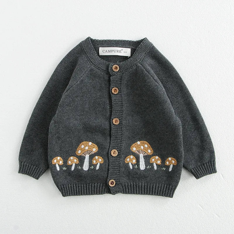 Pull d'automne pour bébé de 0 à 3 ans, cardigan brodé de champignons, manteau tricoté pour garçon avec body en option