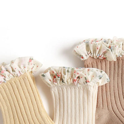 Lot de 3 paires de chaussettes évasées pour bébé fille – Chaussettes mi-tubes en mousseline de soie, motif princesse et dentelle (0-5 ans)